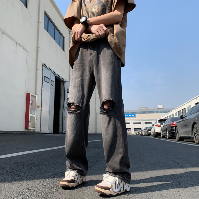 港风夏款男牛仔裤膝盖破洞直筒宽松休闲裤nk8044P45,男装牛仔裤,星座1013-1