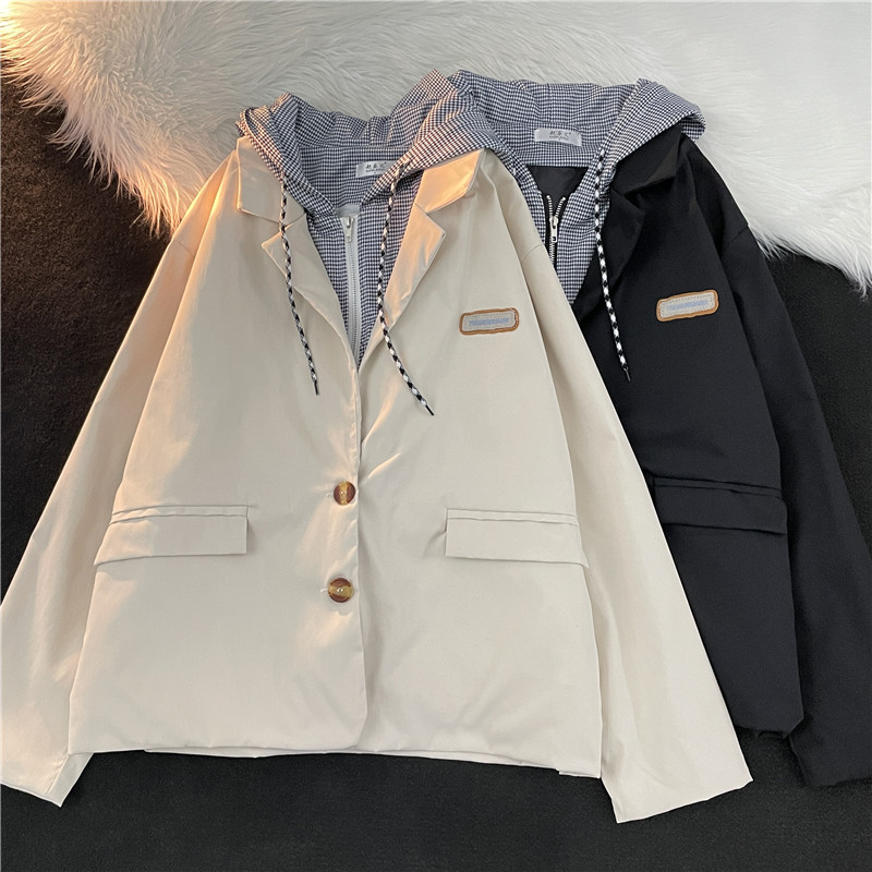 港风秋款男假两件西装外套连帽条纹便服单西外套小西服J,男装西服,星座1013-1