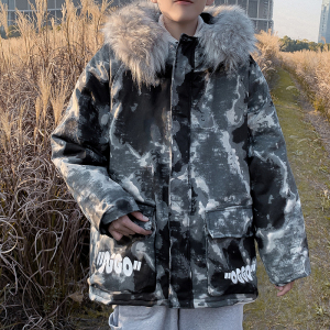 冬款男棉衣迷彩连帽毛领加厚加绒保母印花棉服外套M388图片