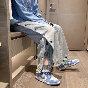 港风秋男休闲裤假两件排扣腰果印花拼接直筒休闲九分裤h44 P40图片