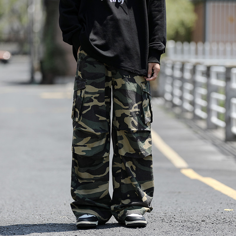 秋款男迷彩裤工装大口袋侧边开叉拉链宽松直筒休闲长裤h100P60,男装休闲裤,星座1013-1
