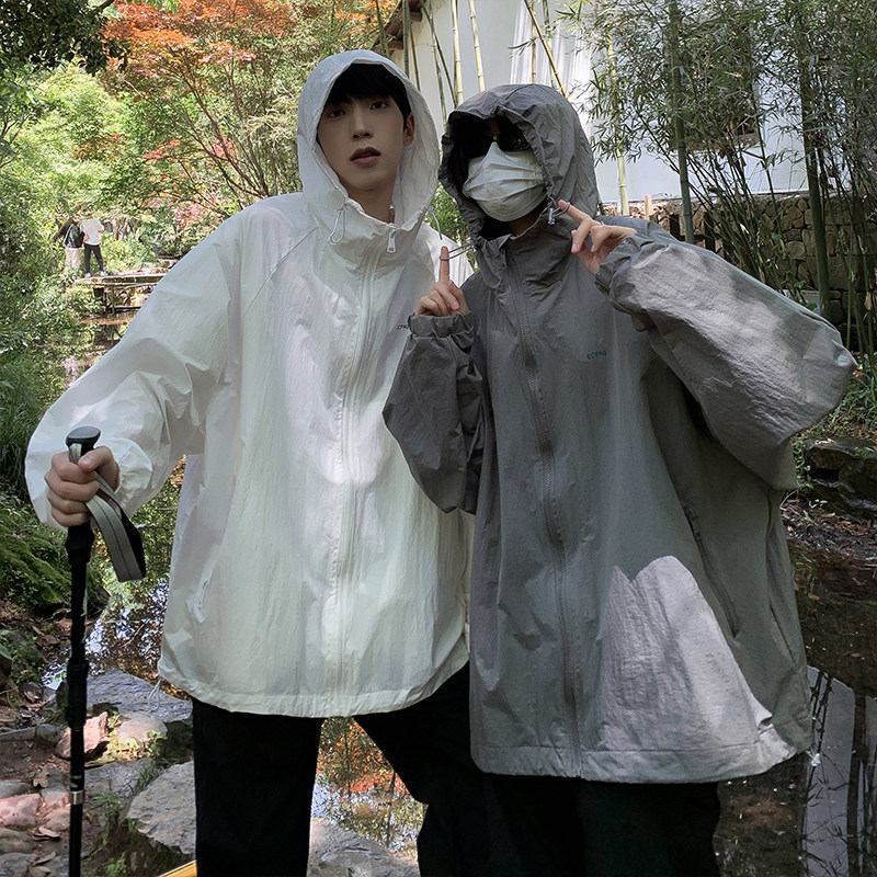 夏款男防晒衣服连帽工装拉链字母印花情侣款冲锋衣外套JK9238P40,男装夹克,星座1013-1