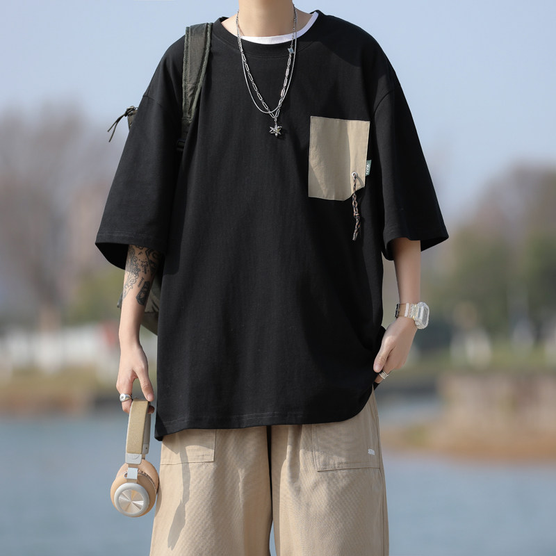 高品质夏款男短袖纯棉T恤工装口袋拼色抽绳五分袖T恤衫T030 P33图片