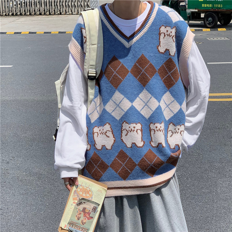 港风秋冬男V领毛衣套头休闲背心卡通动物印花马拼接马甲M5004P40,男装背心/马甲,星座1013-1