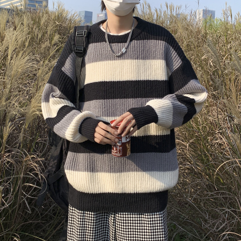 港风秋冬款男毛衣圆领套头条纹格拼接加厚打底线衣外套M66,男装针织衫/毛衣,星座1013-1