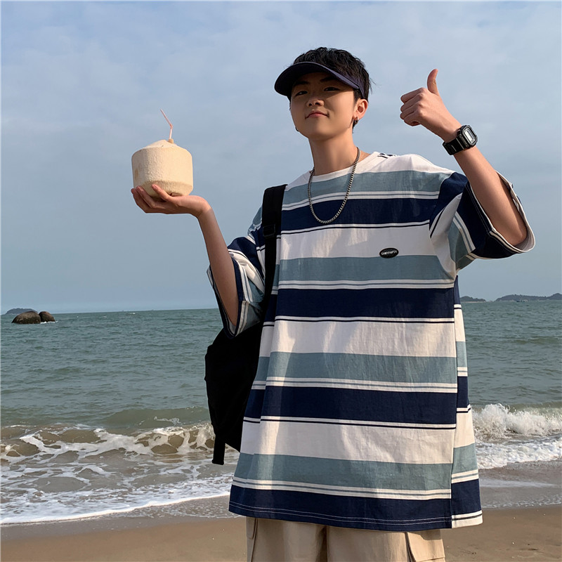港风夏短袖T恤字母贴标条纹宽松百搭五分T恤衫T325P25,男装T恤,星座1013-1