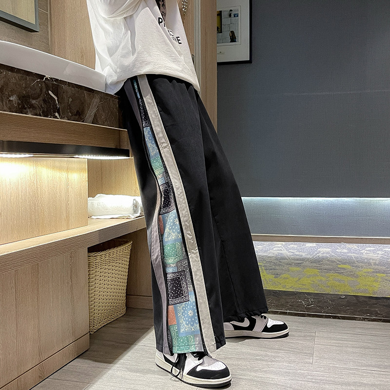 港风秋冬款男直筒宽松条纹拼接腰果印花裤休闲长裤h279,男装休闲裤,星座1013-1