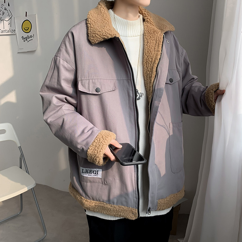港风男棉衣羊羔毛宽松棉服字母印花加绒加厚外套棉袄M230图片