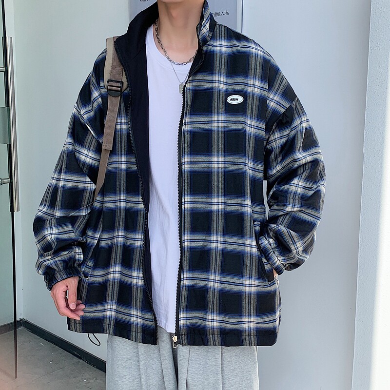 港风秋款款男夹克两面穿格子拼接拉链贴标外套J,男装夹克,星座1013-1