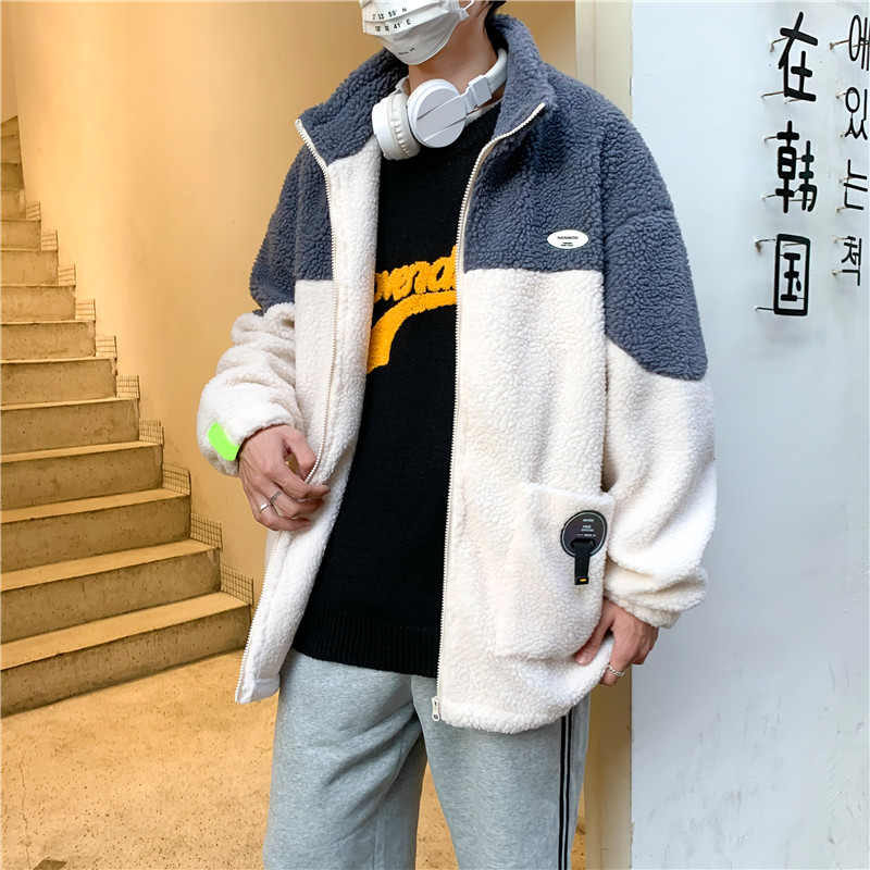 港风冬款男棉衣立领保暖羊羔毛拼接棉袄拼接贴标外套Y225,男装棉衣,星座1013-1