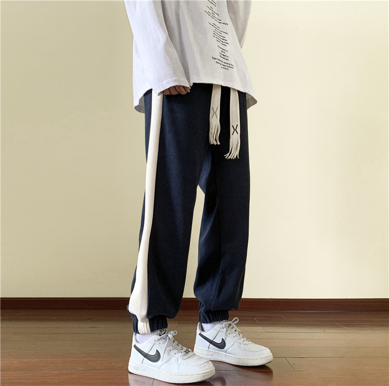 港风秋冬男裤灯芯绒条纹拼接贴标束脚长裤h2509P35,男装休闲裤,星座1013-1