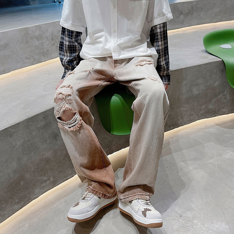 夏款男牛仔裤乞丐破洞渐变做旧棕色直筒长裤n,男装牛仔裤,星座1013-1