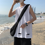 港风夏款男纯棉背心运动马甲沙滩T恤休闲无袖坎肩破洞T恤T03P20，男装背心/马甲，星座1013-1