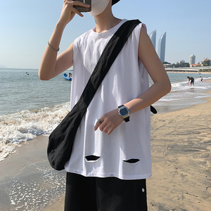 港风夏款男纯棉背心运动马甲沙滩T恤休闲无袖坎肩破洞T恤T03 P20图片