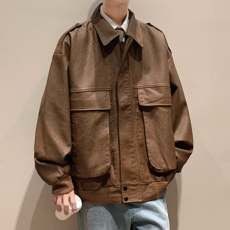 港风秋款男皮夹克机车皮衣织带休闲外套J,男装皮衣,星座1013-1