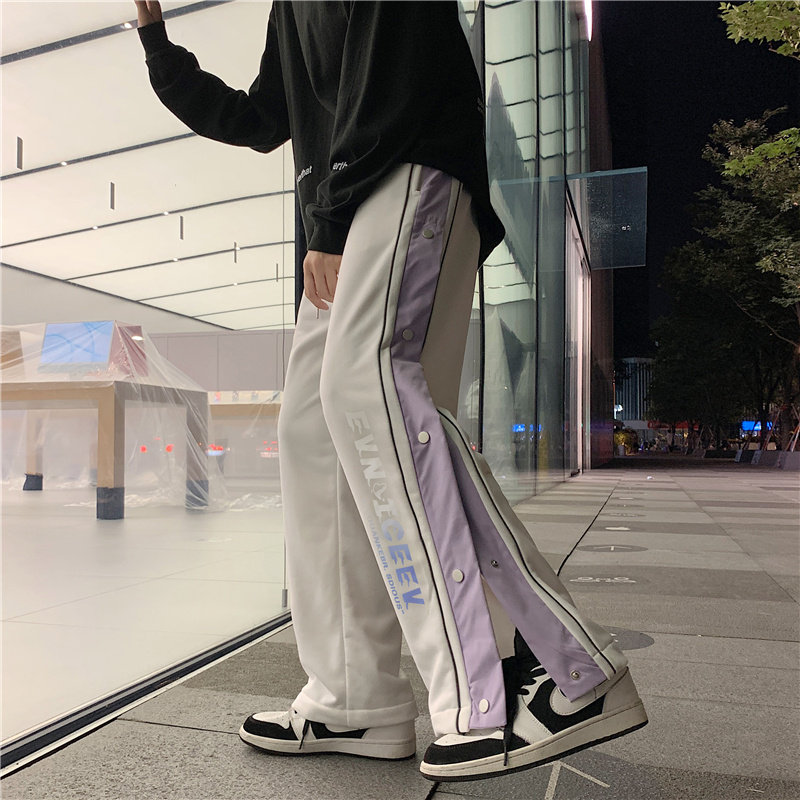 港风秋款男直筒宽松条纹拼接字母排扣休闲九分裤h359P40,男装休闲裤,星座1013-1