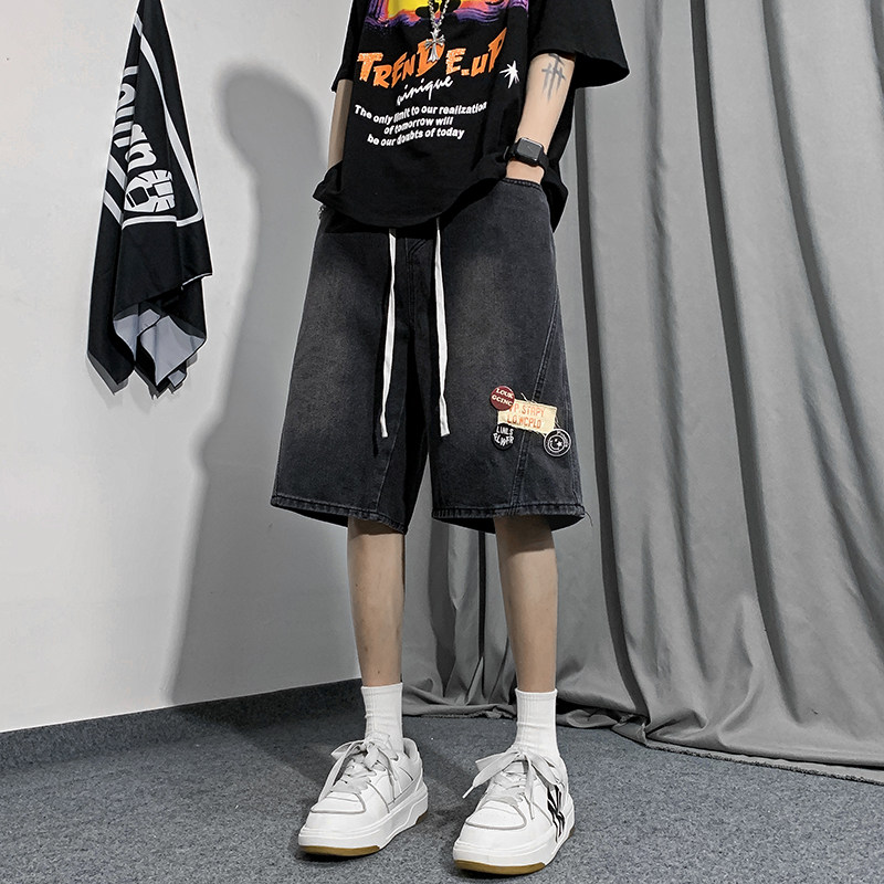 港风夏款男牛仔短裤徽章字母贴标休闲中裤D6609P45,男装牛仔裤,星座1013-1