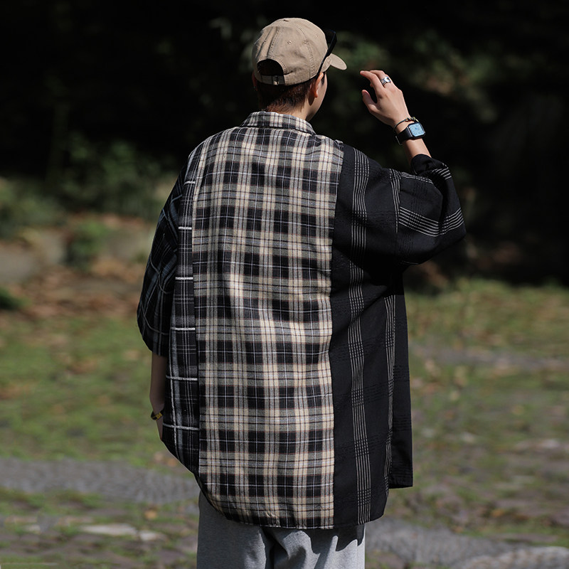 高品质夏款男短袖衬衫格子条纹拼色衬衣外套CS4512P40,男装衬衫,星座1013-1
