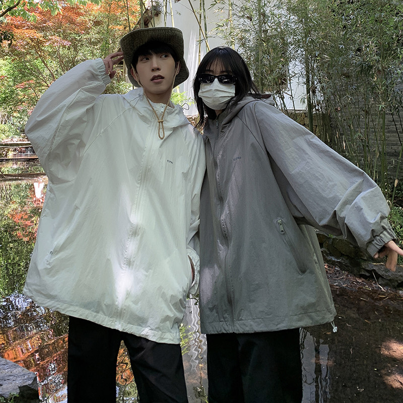 夏款男防晒衣服连帽工装拉链字母印花情侣款冲锋衣外套JK9238P40,男装夹克,星座1013-1