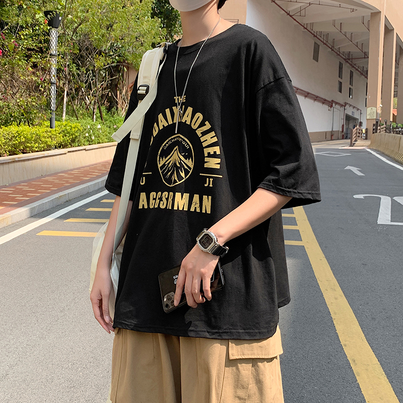港風夏款寬鬆短袖純棉恤字母圖案印花休閒五分袖恤衫
