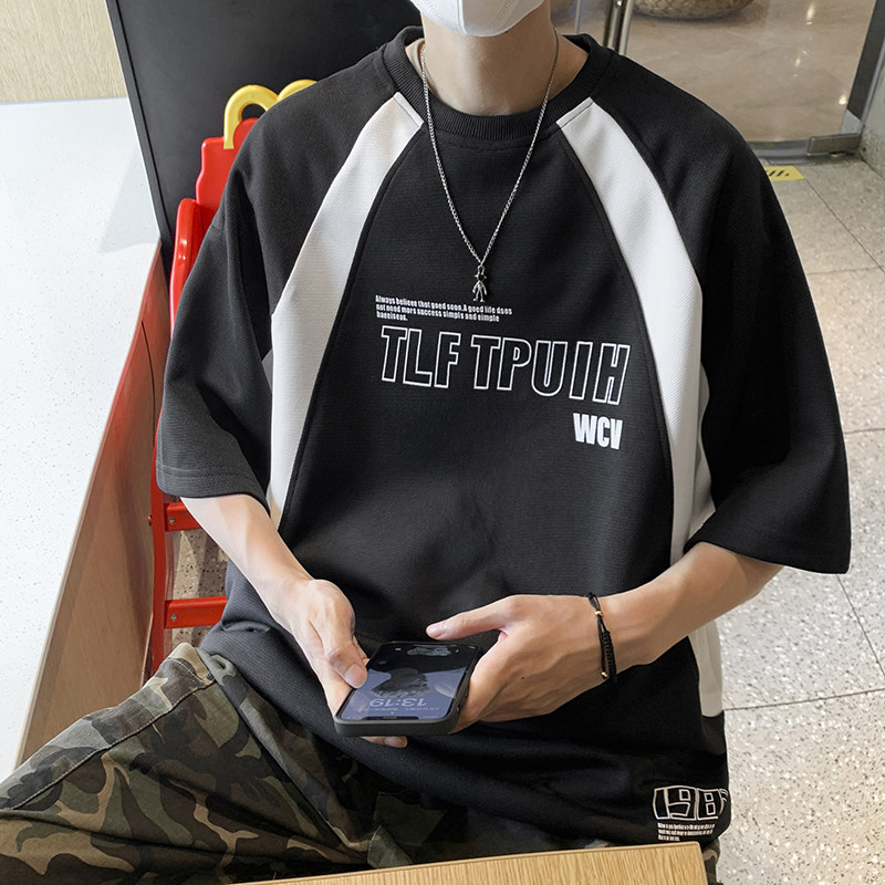 高品质夏款男短袖T恤圆领条纹拼色字母印花T恤衫T5568P35,男装T恤,星座1013-1