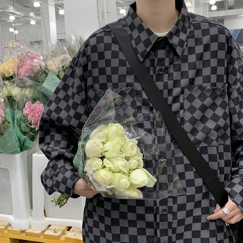 2022港风春款男长袖衬衫棋盘格百搭休闲衬衣CS18,男装衬衫,星座1013-1