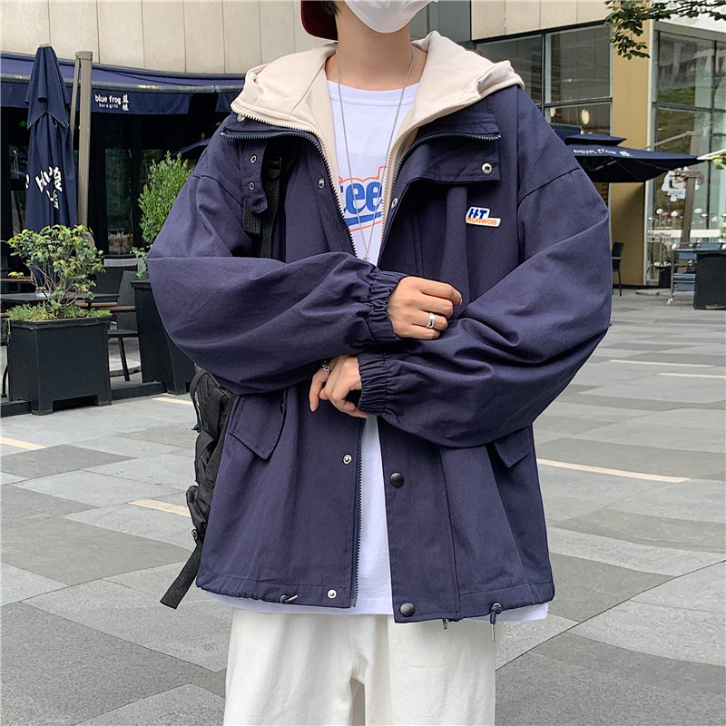 港风秋冬男夹克假两件连帽工装字母印花贴标外套J,男装夹克,星座1013-1