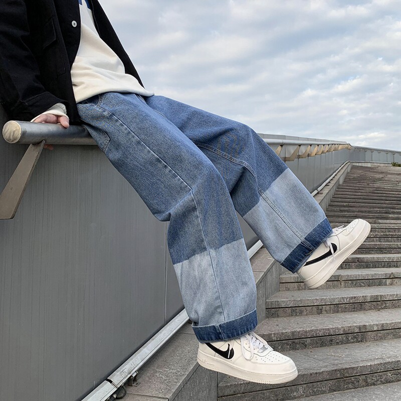 港风秋冬男牛仔裤渐变拼色宽松直筒潮休闲裤nk817P45,男装牛仔裤,星座1013-1