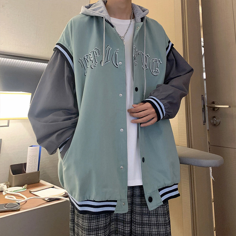 港风秋款男假二件夹克棒球服连帽单排扣刺绣字母外套JK8036  P65图片