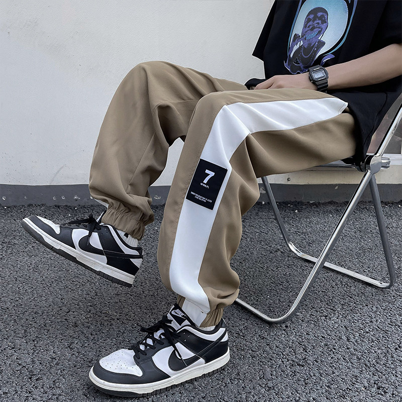 高品质夏男冰丝裤数字母印花条纹拼接束脚冲锋裤九分裤h9522P35,男装休闲裤,星座1013-1