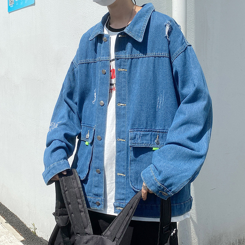 港风秋款男破洞牛仔夹克衫工装字母印花外套JK135P60,男装夹克,星座1013-1