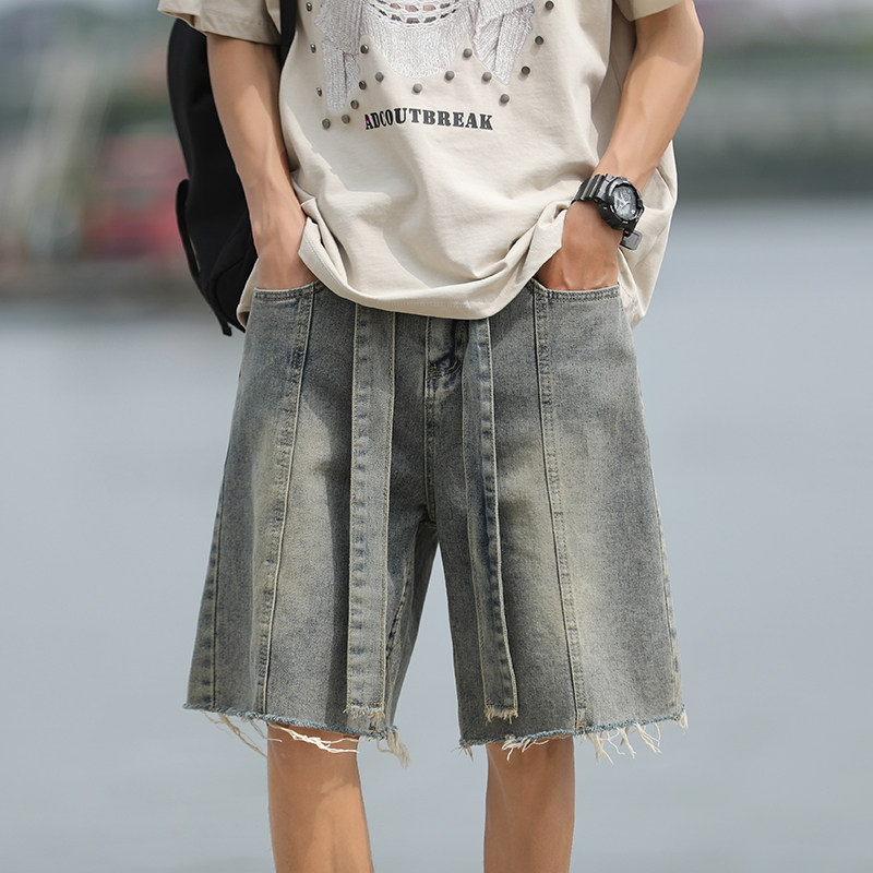 港风夏款男牛仔短裤流苏拼接渐变色休闲中裤长腰带D8046 P45图片