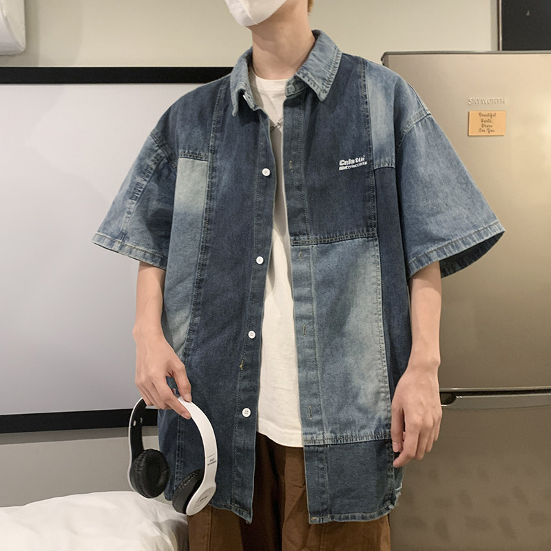 高品质夏款男短袖牛仔衬衫字母印花渐变拼色百搭衬衣CS991P58,男装衬衫,星座1013-1