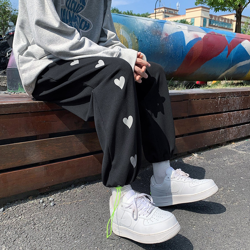 2021港风秋款男休闲裤心形印花宽松抽绳九分裤h104P35,男装休闲裤,星座1013-1