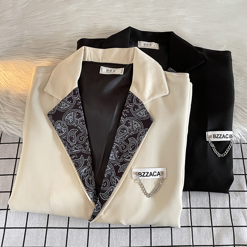 港风秋款男西装外套腰果印花拼接便服单西铁链小西服J,男装西服,星座1013-1