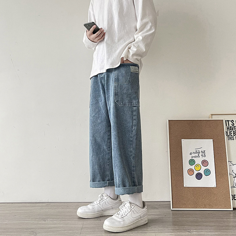 港风秋款男工装牛仔裤大口袋直筒宽松裤休闲潮九分裤n,男装牛仔裤,星座1013-1
