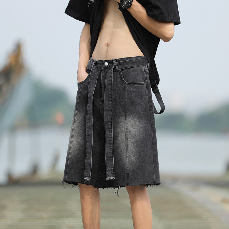 港风夏款男牛仔短裤流苏拼接渐变色休闲中裤长腰带D8046P45,男装牛仔裤,星座1013-1