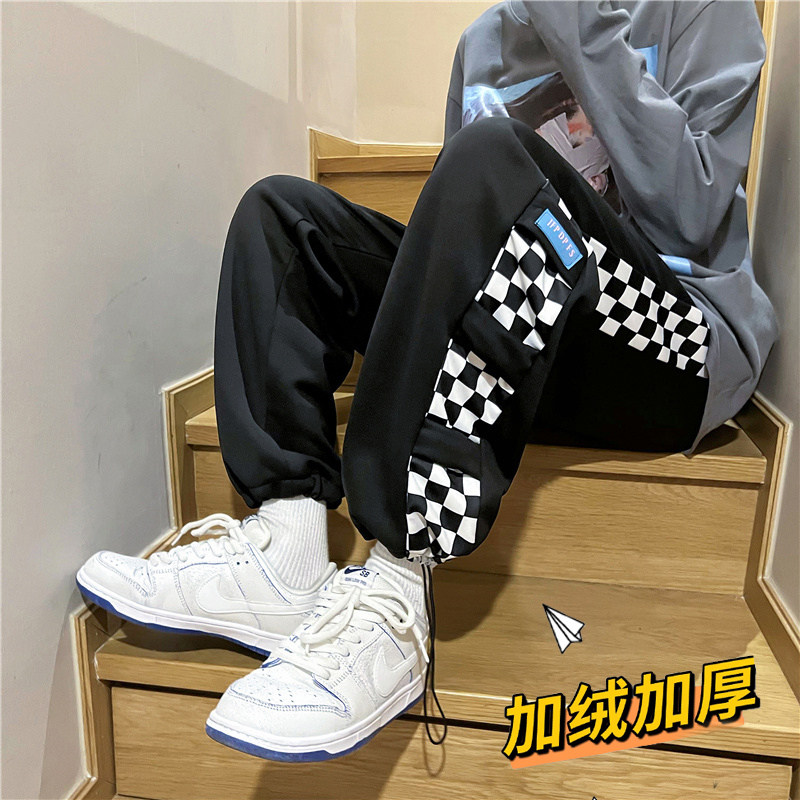 港风冬款男休闲束脚裤加绒加厚棋牌格拼接工装九分裤h384,男装休闲裤,星座1013-1