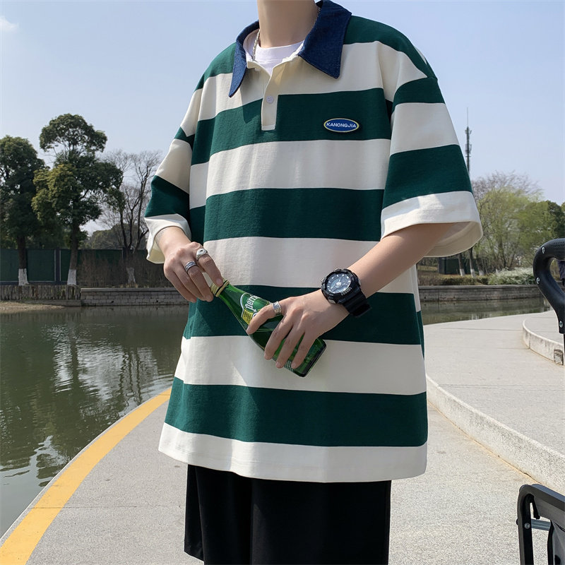夏款男短袖POLO衫条纹拼接字母小贴标T恤衫T13P35,男装T恤,星座1013-1