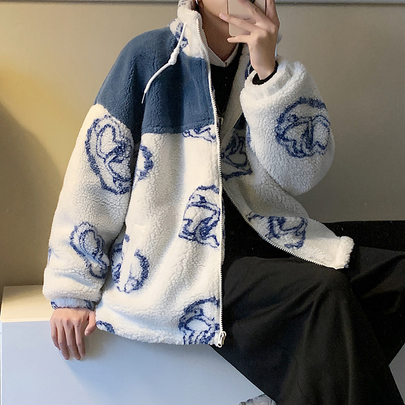 港风秋冬款男棉衣立领保暖羊羔拼接印花棉袄外套Y602,男装棉衣,星座1013-1