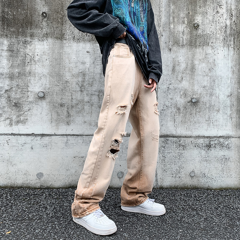 港风夏款男牛仔裤棕色复古做旧直筒宽松休闲长裤nk1012P50,男装牛仔裤,星座1013-1