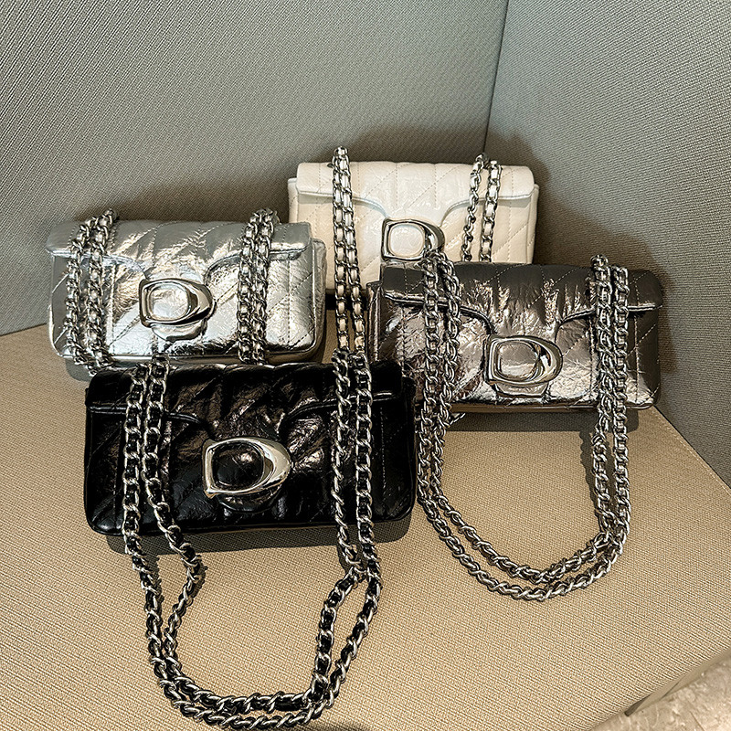 新款包包女质感绣线格子包链条单肩斜挎包百搭小方包时尚亮面女包