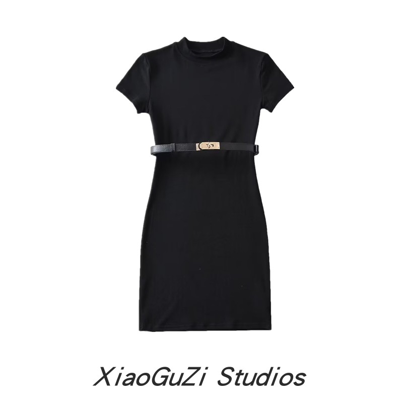 小谷姿高圆领配腰带连衣裙弹力修身包臀裙欧美短袖弹力紧身短裙女