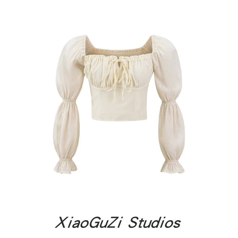 方领高腰藕节泡泡长袖衬衫