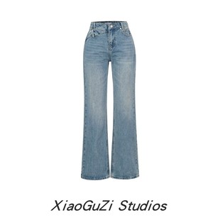 高腰设计腰头显瘦直筒阔腿裤 春夏复古休闲百搭时髦装 水洗牛仔长裤
