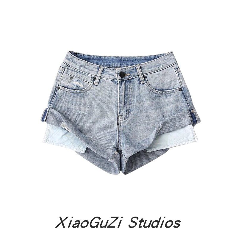 小谷姿夏季高腰口袋A字超显瘦牛仔短裤女辣妹翻边显腿长磨破热裤
