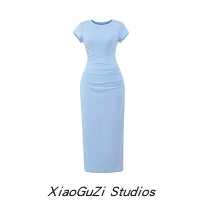 夏季褶皱圆领短袖包臀连衣裙女