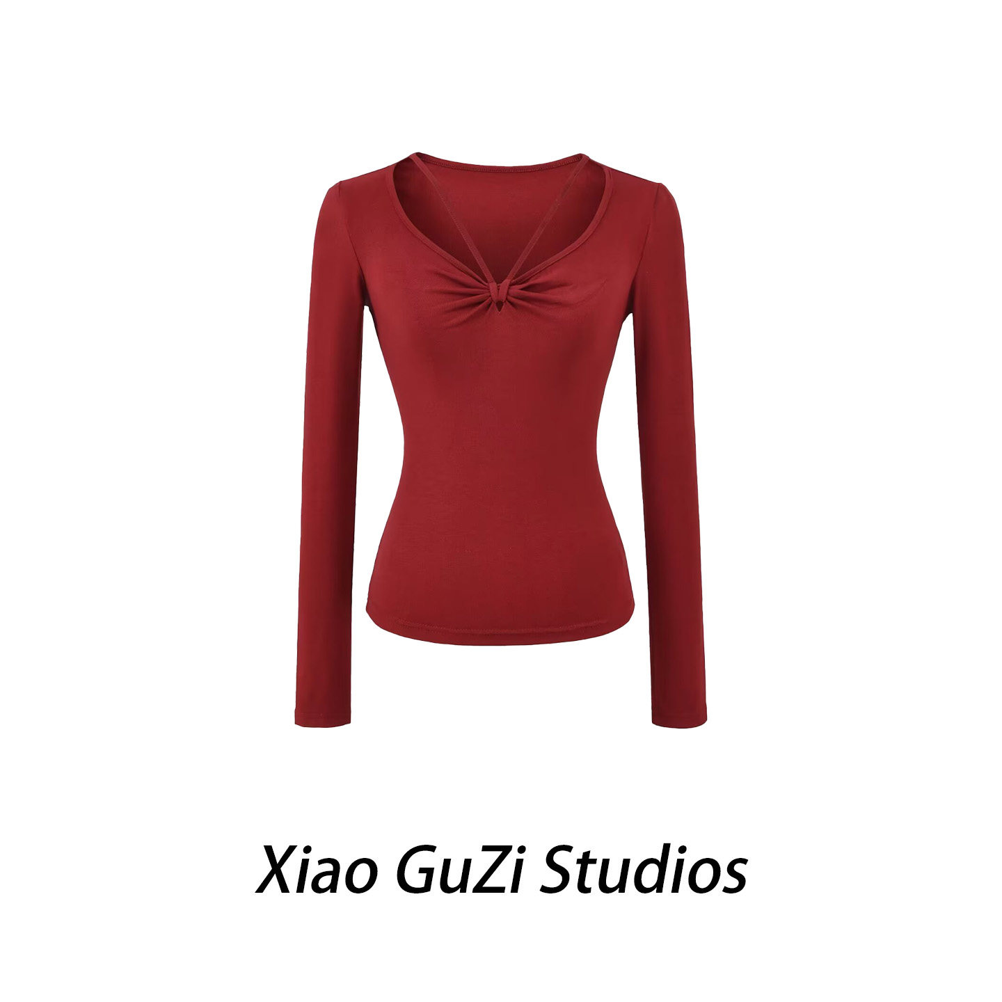 春秋胸前镂空褶皱设计弹力长袖打底衫纯欲风性感显瘦外穿休闲上衣