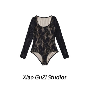 女 连体衣欧美风紧身显瘦T恤打底衫 秋冬新款 双层浮雕钩花低U领长袖