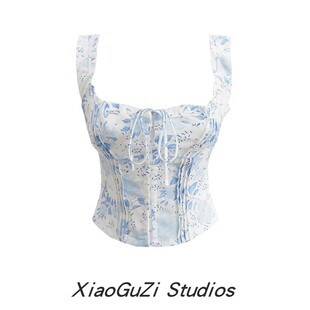 小谷姿辣妹方领碎花茶歇吊带女夏季 显瘦钩扣绑带背心上衣 纯欲修身
